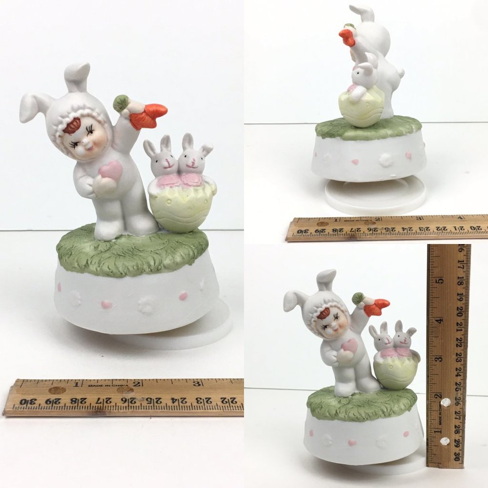 Vtg Easter Bunny Rabbit Holiday Figurine Musical Revolving Child Pastel Colors‎